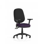 The photograph shows the sleek and modern design of the Dynamic General Desk Chairs Eclipse Plus II Lever Task Operator Chair. With adjustable height and folding arms, this chair features a bespoke colour seat in a vibrant Tansy Purple shade. It is the perfect addition to any office space for a comfortable and stylish seating option.