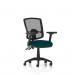 This photo features a sleek, black task chair with a dynamic mesh back and adjustable height. The chair also has folding arms and a bespoke colored seat in a vibrant shade of teal. It exudes both style and functionality, making it a great addition to any workspace.