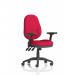 This image features a dynamic general desk chair known as the Eclipse Plus XL Lever Task Operator Chair. The chair has height adjustable and folding arms, as well as a bespoke colour back and seat. The back is a rich bergamot cherry colour, adding a pop of warmth to any office space.