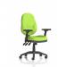 The picture shows a modern and versatile office chair, featuring a black mesh back and seat in a myrrh green color. The chair has height adjustable arms and a folding mechanism for easy storage. It has a dynamic design suitable for various work environments.
