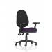 The picture shows a stylish and functional Dynamic General Desk Chair in the color Tansy Purple. Its Eclipse Plus XL design features a lever for height adjustment and folding arms, making it versatile and comfortable for all users.