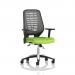 This photo features a sleek silver mesh back chair with height adjustable arms in a unique myrrh green color. Its dynamic design and sturdy construction make it perfect for the busy operator, providing both comfort and style.
