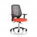 This picture features a sleek silver mesh back chair with adjustable arms perfect for any task. Its bold tabasco orange color adds a pop of energy, making it stand out in any workspace.