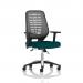 This photograph features a sleek and modern Dynamic Mesh Back Chair, with a silver back and height adjustable arms. The bold and unique Bespoke Colour Maringa Teal adds a pop of color to any workspace. Ideal for a hardworking task operator.
