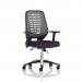 The picture shows a sleek and modern Dynamic Mesh Back Chair featuring a silver back, height adjustable arms, and a vibrant bespoke color of Tansy Purple. This Relay Task Operator Chair is designed for comfort and style in any workspace.