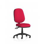 This photograph features a sleek and modern Dynamic General Luna II Lever Task Operator Chair, customized with a bright Bergamot Cherry back and seat. The design exudes comfort and functionality, making it the perfect addition to any desk or workspace.