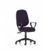 This photo features a stylish and functional Dynamic General Desk Chair in the Luna II design, with a lever for manual adjustment. The loop arms add comfort and support, and the back and seat are a unique tansy purple color, available in bespoke options.
