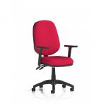 The photograph captures a modern and stylish Dynamic General Desk Chair. The Luna II Lever Task Operator Chair features adjustable arms and a bespoke colour back and seat in Bergamot Cherry. Its sleek design is perfect for any office setting.