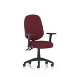 The picture shows a sophisticated and modern Dynamic General Desk Chair. Its Luna II Lever Task Operator design features height adjustable arms and a unique bespoke colour back and seat in shades of Ginseng and Chilli. Perfect for any workspace, this sleek chair is both stylish and functional.