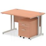 Impulse 1200 x 800mm Straight Office Desk Beech Top Silver Cantilever Leg Workstation 2 Drawer Mobile Pedestal MI000950