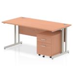 Impulse 1600 x 800mm Straight Office Desk Beech Top Silver Cantilever Leg Workstation 2 Drawer Mobile Pedestal MI000952