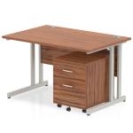 Impulse 1200 x 800mm Straight Office Desk Walnut Top Silver Cantilever Leg Workstation 2 Drawer Mobile Pedestal MI000958