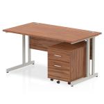 Impulse 1400 x 800mm Straight Office Desk Walnut Top Silver Cantilever Leg Workstation 2 Drawer Mobile Pedestal MI000959