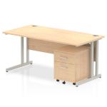 Impulse 1600 x 800mm Straight Office Desk Maple Top Silver Cantilever Leg Workstation 2 Drawer Mobile Pedestal MI000964