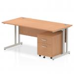 Impulse 1600 x 800mm Straight Office Desk Oak Top Silver Cantilever Leg Workstation 2 Drawer Mobile Pedestal MI000968