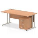 Impulse 1200 x 800mm Straight Office Desk Beech Top Silver Cantilever Leg Workstation 3 Drawer Mobile Pedestal MI000970