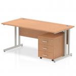 Impulse 1400 x 800mm Straight Office Desk Oak Top Silver Cantilever Leg Workstation 3 Drawer Mobile Pedestal MI000987