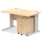 Impulse 1200 x 800mm Straight Office Desk Maple Top Silver Cable Managed Leg Workstation 2 Drawer Mobile Pedestal MI001002