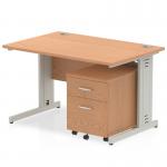 Impulse 1200 x 800mm Straight Office Desk Oak Top Silver Cable Managed Leg Workstation 2 Drawer Mobile Pedestal MI001006