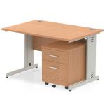 Impulse 1200 x 800mm Straight Office Desk Oak Top Silver Cable Managed Leg Workstation 2 Drawer Mobile Pedestal MI001006