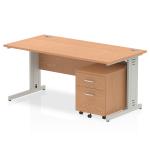 Impulse 1600 x 800mm Straight Office Desk Oak Top Silver Cable Managed Leg Workstation 2 Drawer Mobile Pedestal MI001008