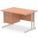 Impulse 1200 x 800mm Straight Office Desk Beech Top Silver Cantilever Leg Workstation 1 x 2 Drawer Fixed Pedestal MI001688