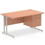 Impulse 1400 x 800mm Straight Office Desk Beech Top Silver Cantilever Leg Workstation 1 x 2 Drawer Fixed Pedestal MI001689