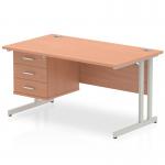 Impulse 1400 x 800mm Straight Office Desk Beech Top Silver Cantilever Leg Workstation 1 x 3 Drawer Fixed Pedestal MI001697