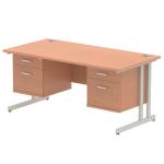 Impulse 1600 x 800mm Straight Office Desk Beech Top Silver Cantilever Leg Workstation 2 x 2 Drawer Fixed Pedestal MI001706