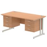 Impulse 1600 x 800mm Straight Office Desk Beech Top Silver Cantilever Leg Workstation 2 x 3 Drawer Fixed Pedestal MI001714