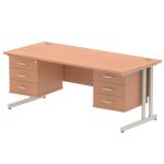 Impulse 1800 x 800mm Straight Office Desk Beech Top Silver Cantilever Leg Workstation 2 x 3 Drawer Fixed Pedestal MI001715