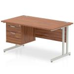 Impulse 1400 x 800mm Straight Office Desk Walnut Top Silver Cantilever Leg Workstation 1 x 2 Drawer Fixed Pedestal MI001920