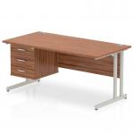 Impulse 1600 x 800mm Straight Office Desk Walnut Top Silver Cantilever Leg Workstation 1 x 3 Drawer Fixed Pedestal MI001929