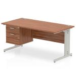 Impulse 1600 x 800mm Straight Office Desk Walnut Top Silver Cable Managed Leg Workstation 1 x 2 Drawer Fixed Pedestal MI002011