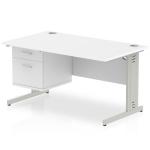 Impulse 1400 Rectangle Silver Cable Managed Leg Desk WHITE 1 x 2 Drawer Fixed Ped MI002286