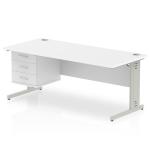 Impulse 1800 Rectangle Silver Cable Managed Leg Desk WHITE 1 x 3 Drawer Fixed Ped MI002296