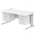 Impulse 1600 x 800mm Straight Office Desk White Top Silver Cable Managed Leg Workstation 2 x 3 Drawer Fixed Pedestal MI002311