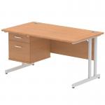 Impulse 1400 x 800mm Straight Office Desk Oak Top Silver Cantilever Leg Workstation 1 x 2 Drawer Fixed Pedestal MI002658