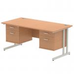 Impulse 1600 x 800mm Straight Office Desk Oak Top Silver Cantilever Leg Workstation 2 x 2 Drawer Fixed Pedestal MI002675