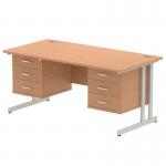 Impulse 1600 x 800mm Straight Office Desk Oak Top Silver Cantilever Leg Workstation 2 x 3 Drawer Fixed Pedestal MI002683