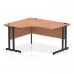 The picture shows a versatile office desk with a curved shape, measuring 1400mm on the left side. The top is made of light beech wood, and the legs are sturdy black cantilevers. This dynamic desk is perfect for any modern office space.