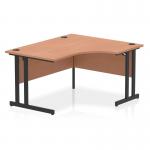 The image shows a modern office desk with a curved right side, made of beech wood and supported by sleek black cantilever legs. The spacious surface provides ample room for work, while the dynamic design adds a touch of style to any workplace.