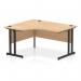 In this photograph, you can see the Impulse 1400mm Left Crescent Office Desk with a Maple Top and Black Cantilever Leg. The desk has a modern and sleek design, with a curved crescent shape and a sturdy leg for support. The maple top adds a touch of warmth to the overall aesthetic.
