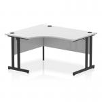 The photo shows a modern and stylish Dynamic Left Hand Desks Impulse 1400mm Left Crescent Office Desk. The white top contrasts with the sleek black cantilever leg, giving it a dynamic and eye-catching look. A perfect addition to any office space.