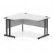 The photo shows a modern and stylish Dynamic Left Hand Desks Impulse 1400mm Left Crescent Office Desk. The white top contrasts with the sleek black cantilever leg, giving it a dynamic and eye-catching look. A perfect addition to any office space.