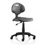 This image showcases a sleek and modern dynamic general desk chair. The chair features a black polyurethane seat and back, and is designed to be easily wiped clean. It does not have arms, giving it a more open and versatile look. Perfect for any office space.