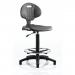 The photo showcases a sleek, modern chair with a black polyurethane seat and back. The tall back provides ergonomic support while the lack of arms allows for greater flexibility while working. Its dynamic design makes it perfect for high-rise settings or for task operators.