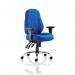 The picture shows a dynamic general desk chair, designed for the storm task operator. It features a blue fabric with adjustable arms for added comfort. The chair is modern, sleek, and perfect for any office setting.