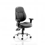 This image features a black, soft bonded leather operator chair with arms. The chair is designed to be dynamic and general, making it suitable for various tasks and environments. The storm task chair offers comfort and style for any workspace.