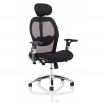 This photo features a sleek and modern Dynamic Executive chair, the Sanderson II, with a black mesh back and comfortable fabric seat. The chair has a tall back for support and a sophisticated appearance.
